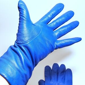 Vibrant Blue Soft Leather Lined Gloves Mid-Arm Size 7.5